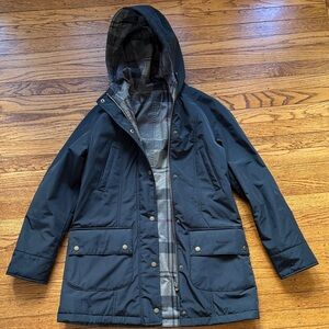 Barbour Women’s Black Hooded Raincoat with Gray Plaid Lining Westhill Reversible